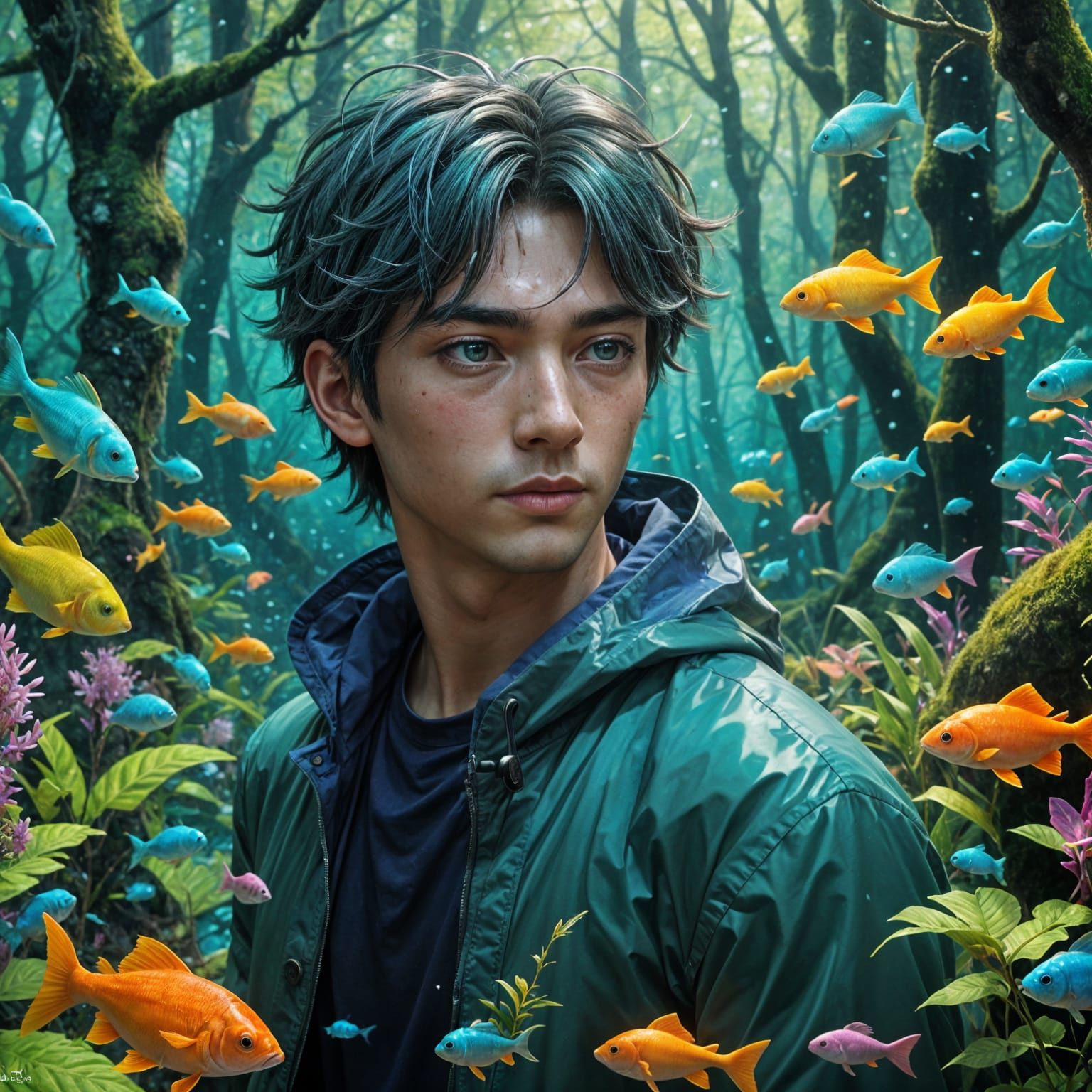 Surreal Fish Swim through Glowing, Ethereal Forest in Whimsi...