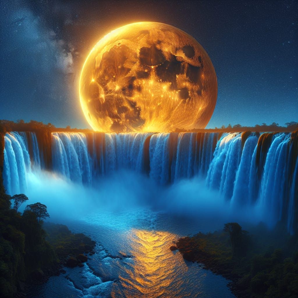 Mystical Golden Moonlit Waterfall Scene in Celestial Style