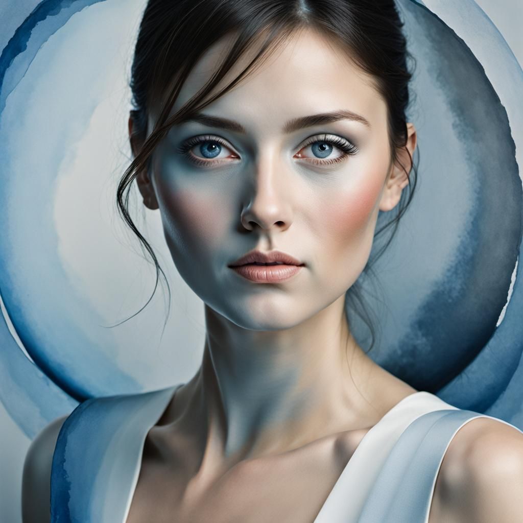 Abstract Watercolor Portrait of Blue Circles