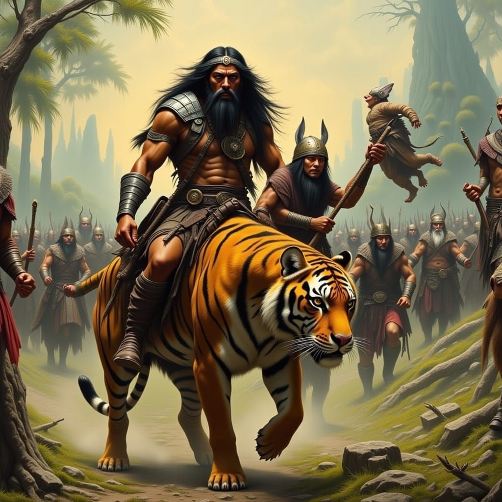 Native American and Dwarf on Tiger in Comic Style