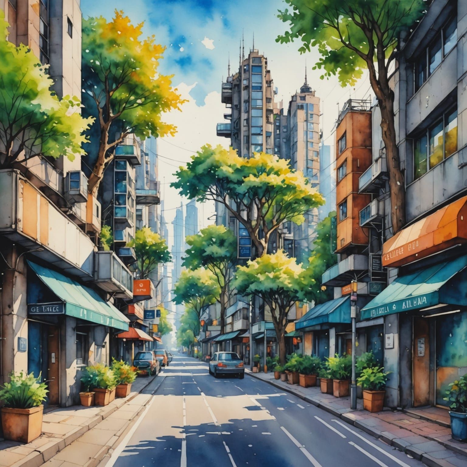 Vibrant Solarpunk City Street in Watercolor