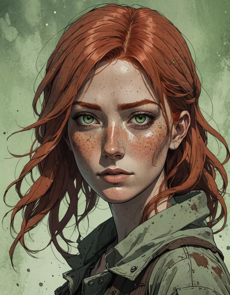 Young woman with freckles, red hair, and green eyes.

DA