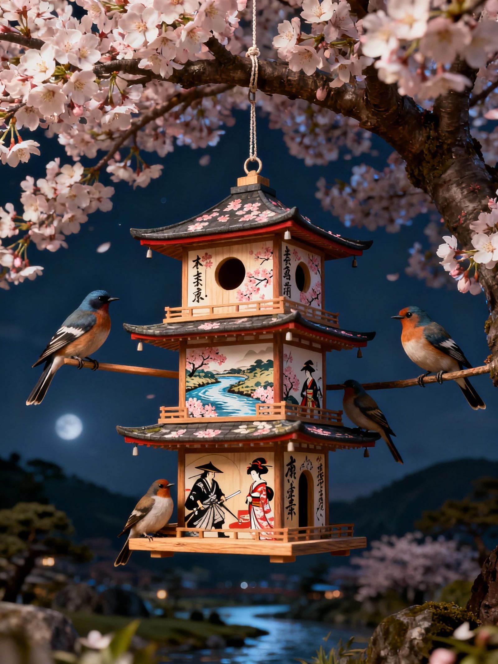 Miniature Pagoda Birdhouses on Cherry Blossom Tree at Night