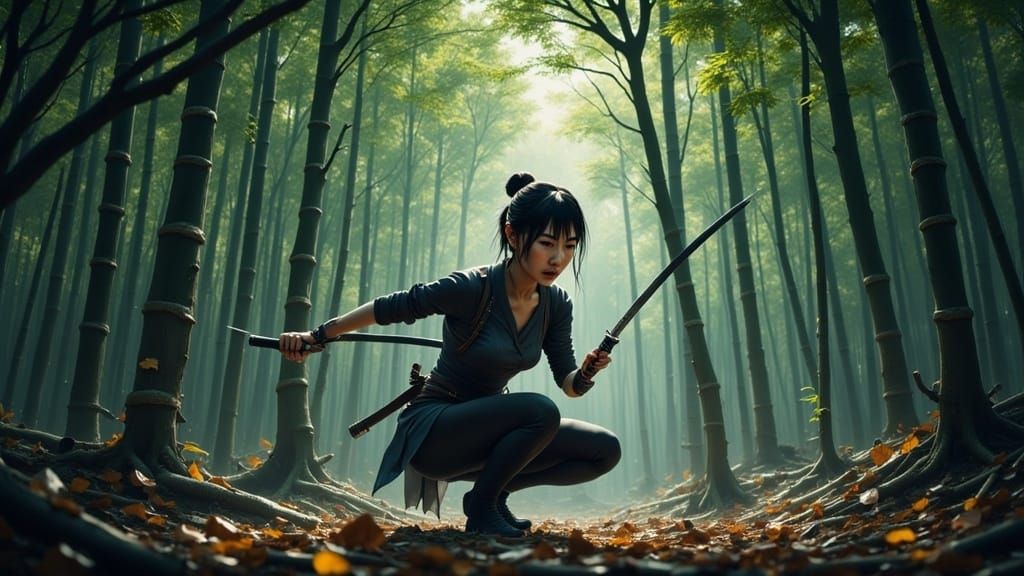 Female Ninja Stealthily Moves Through Bamboo Forest