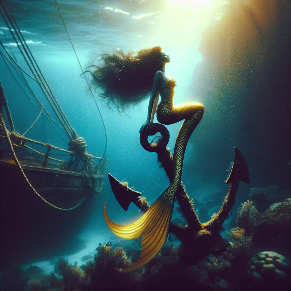 Mermaid on Anchor in Underwater Cinematic Scene