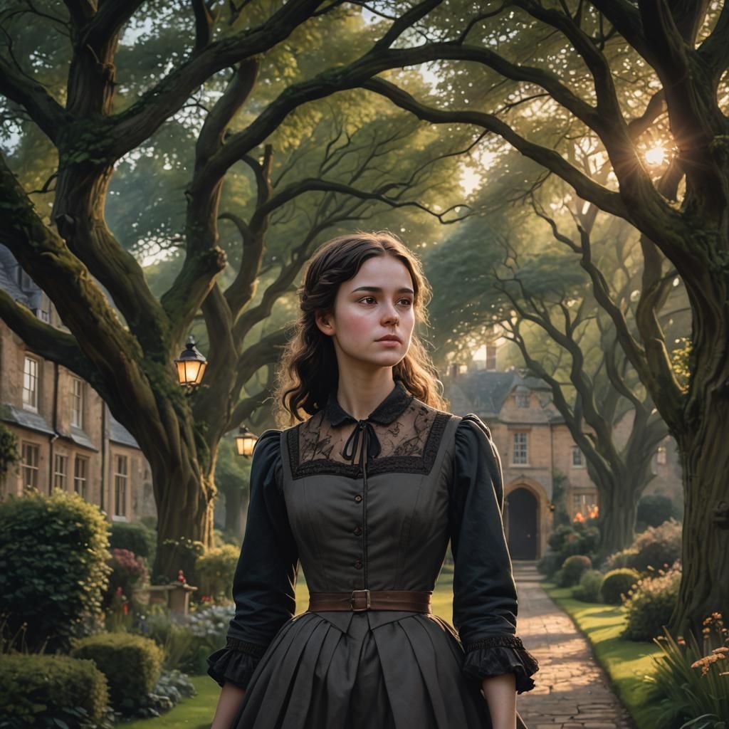 Victorian Woman in English Manor Garden at Dusk