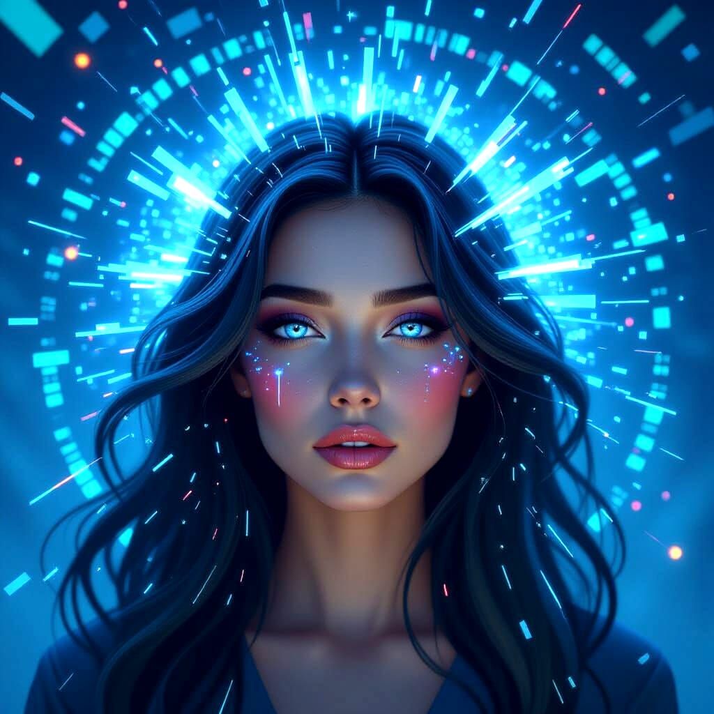 Bioluminescent Woman Portrait in Cyberpunk Glitch Art Style