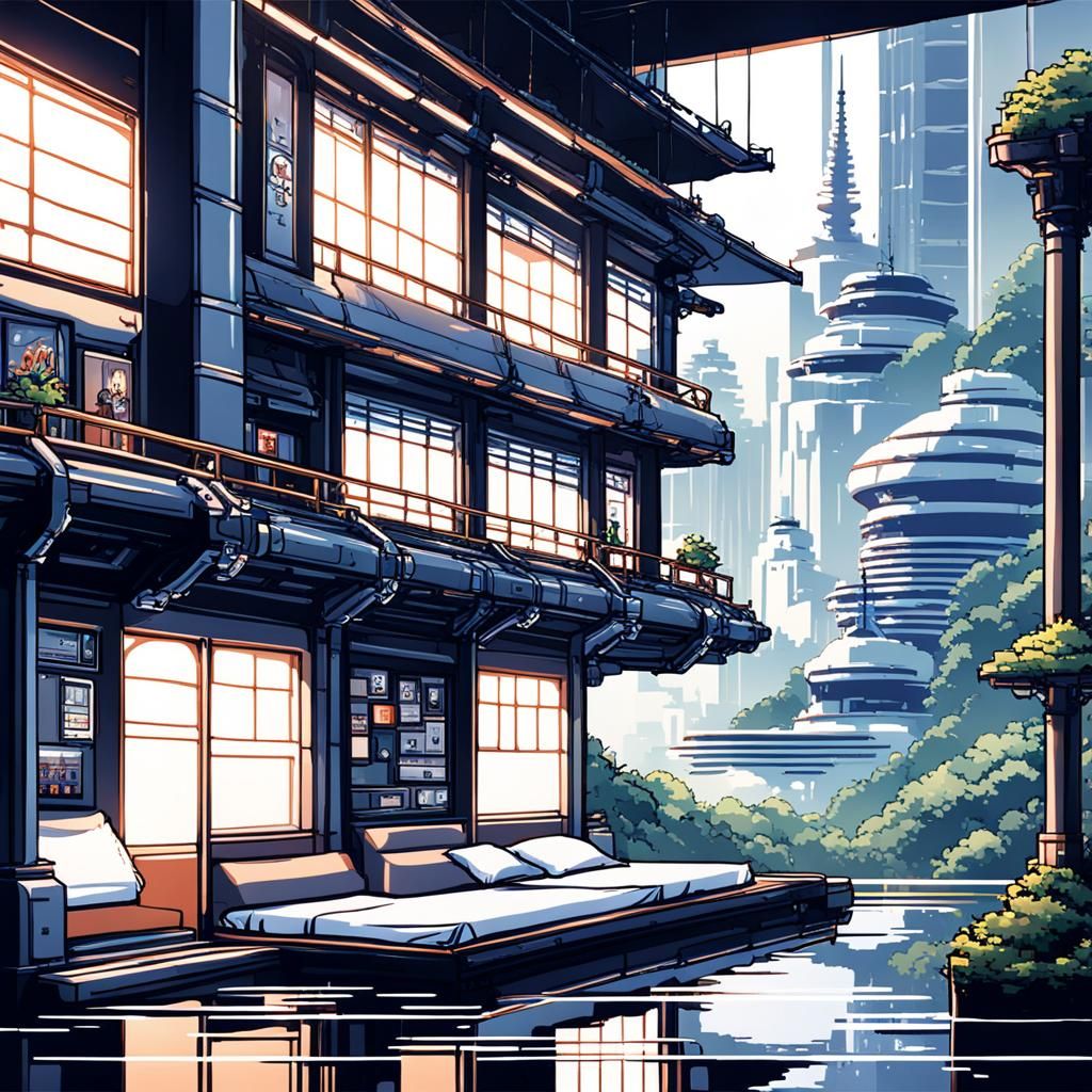 8-Bit Pixel Bedroom on Futuristic City Monorail