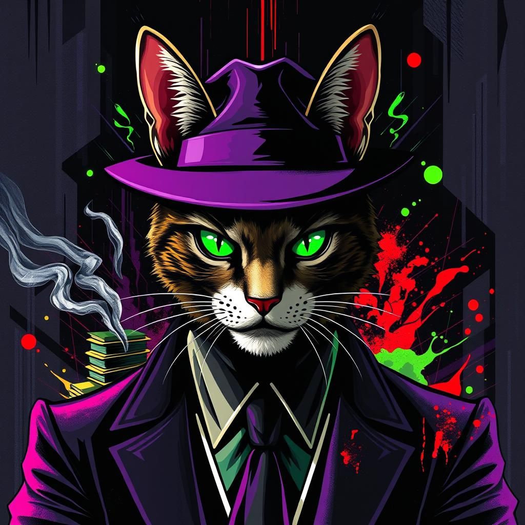 Mysterious Cat Figure in Surreal Pop-Art Portrait