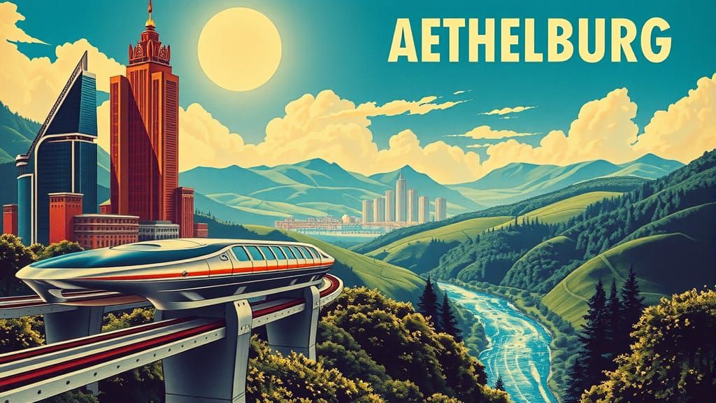 1950s Travel Poster for Futuristic Aethelburg City
