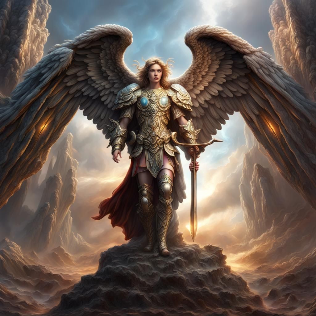 Gemstone Shield Protecting Angel Warrior in Digital Painting