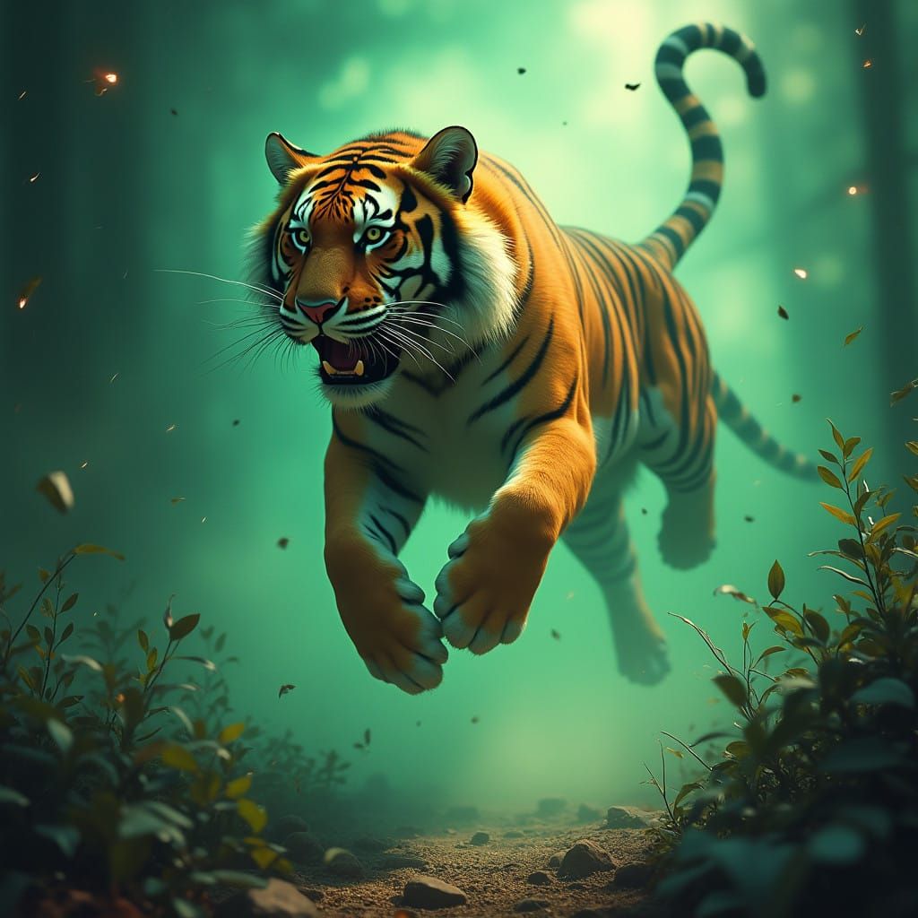 Majestic Tiger in Whirlwind of Motion, Golden Hues and Emera...