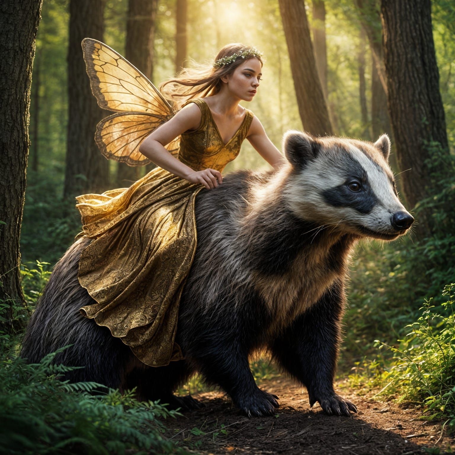 Fairy Woman Rides Badger in Hyperrealistic Style