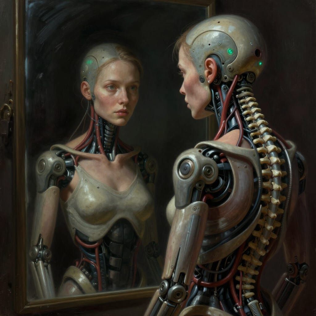 Biomechanical Woman Reflects Natural Self in Mirror