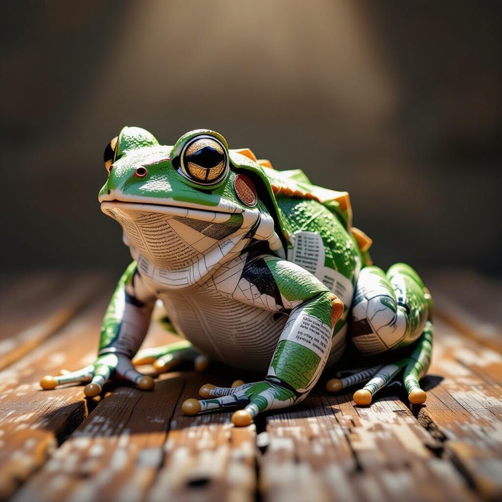 Photorealistic Frog Made of Crumpled Newspaper Pages