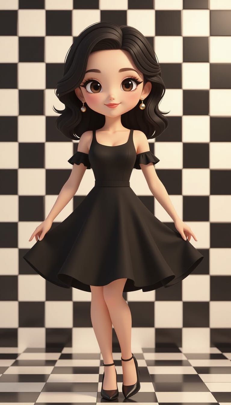 Chibi Woman Posing Gracefully in Black Dress