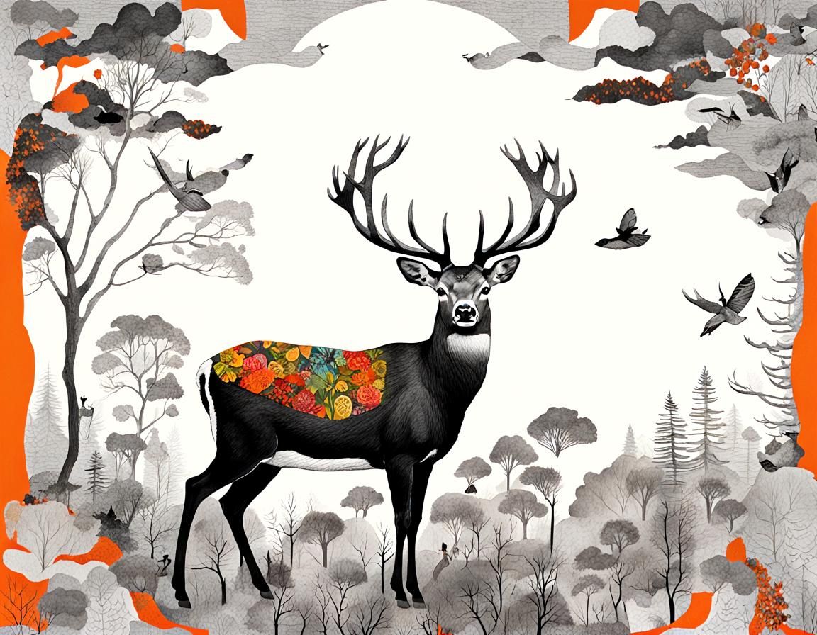 Deer Illustration in Mixed Media Collage