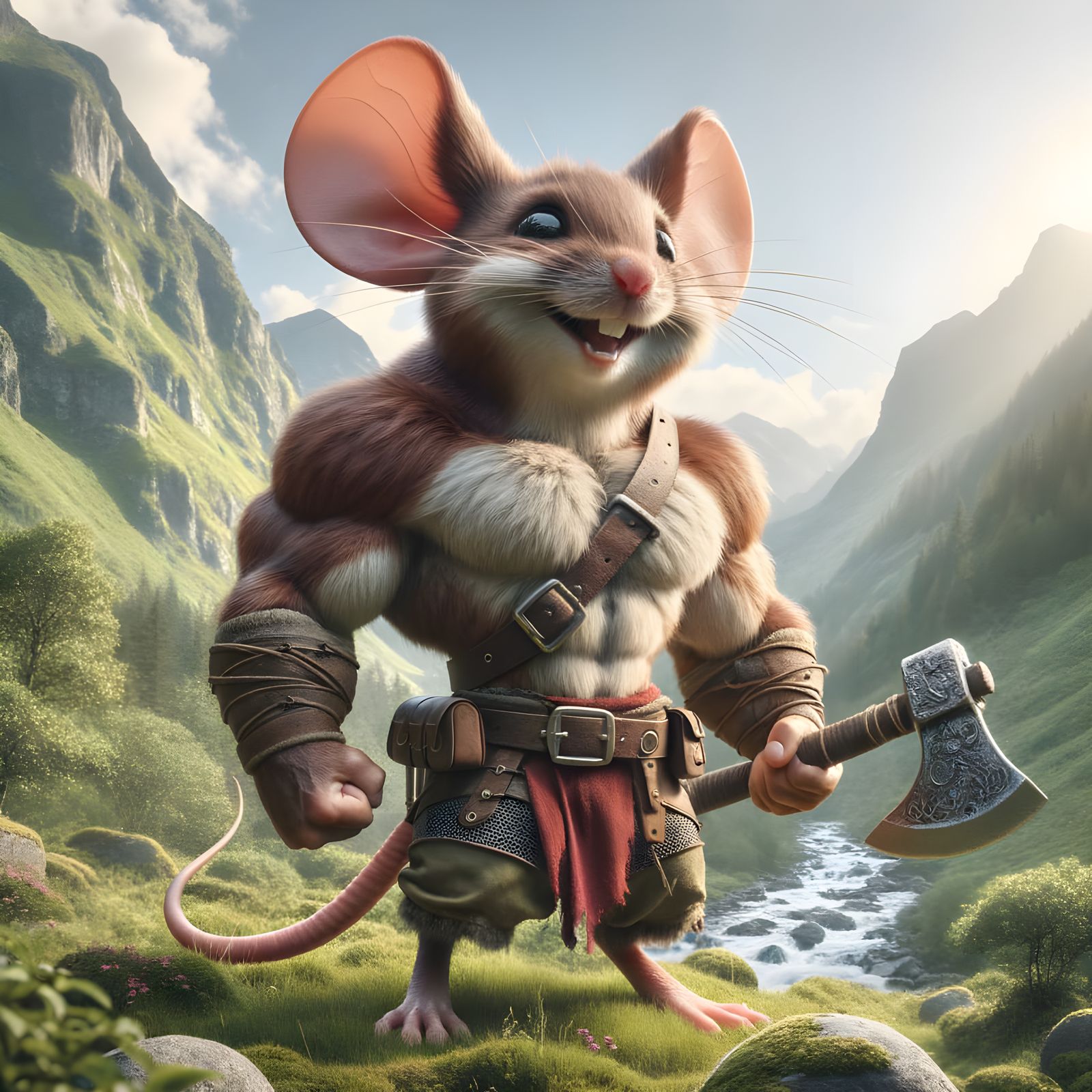 Muscular Mouse Barbarian in Sunny Landscape