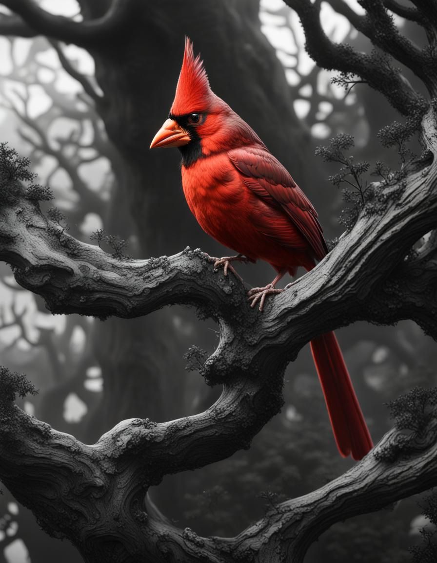 Vibrant Cardinal in Monochrome Tree, Detailed Matte Painting
