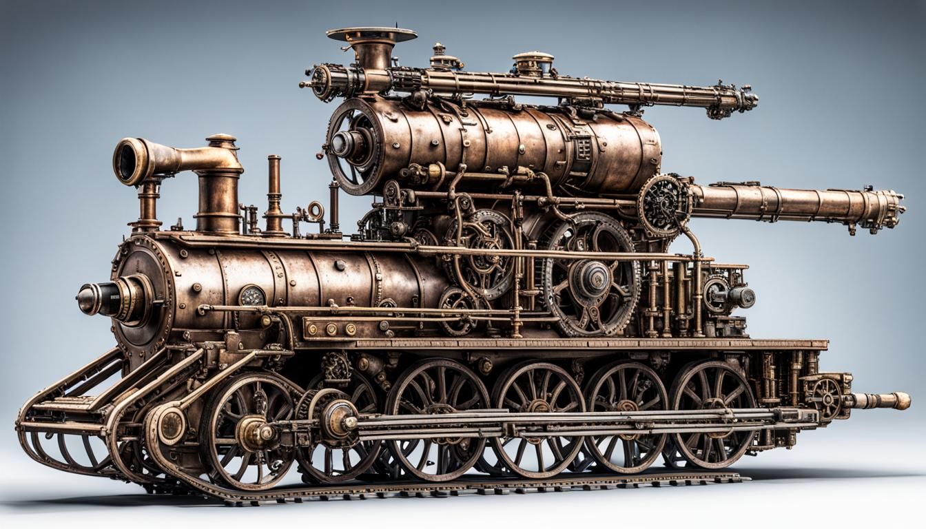 Steampunk Vehicle with Gatling Gun on Iron Tracks