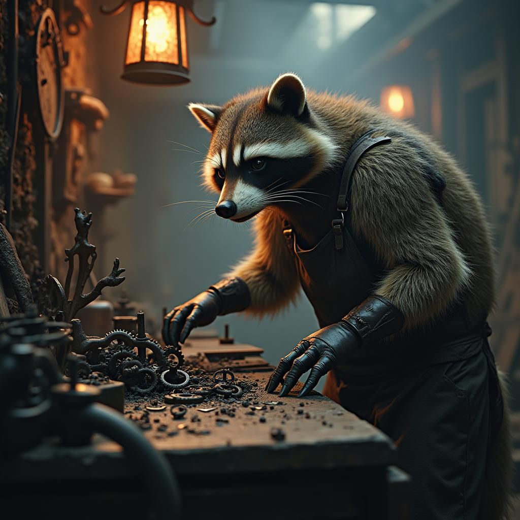 Raccoon Blacksmith Tinkering in Dark Fantasy Style