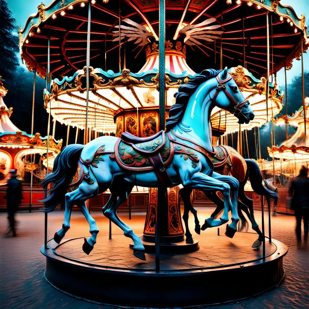 This seemingly innocent carousel holds a dark secret. The hand-painted horses are frozen mid-gallop, their expressions e...