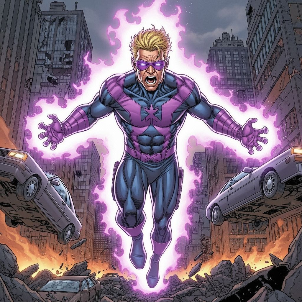 Telekinetic Superhero Levitation in Destroyed Cityscape