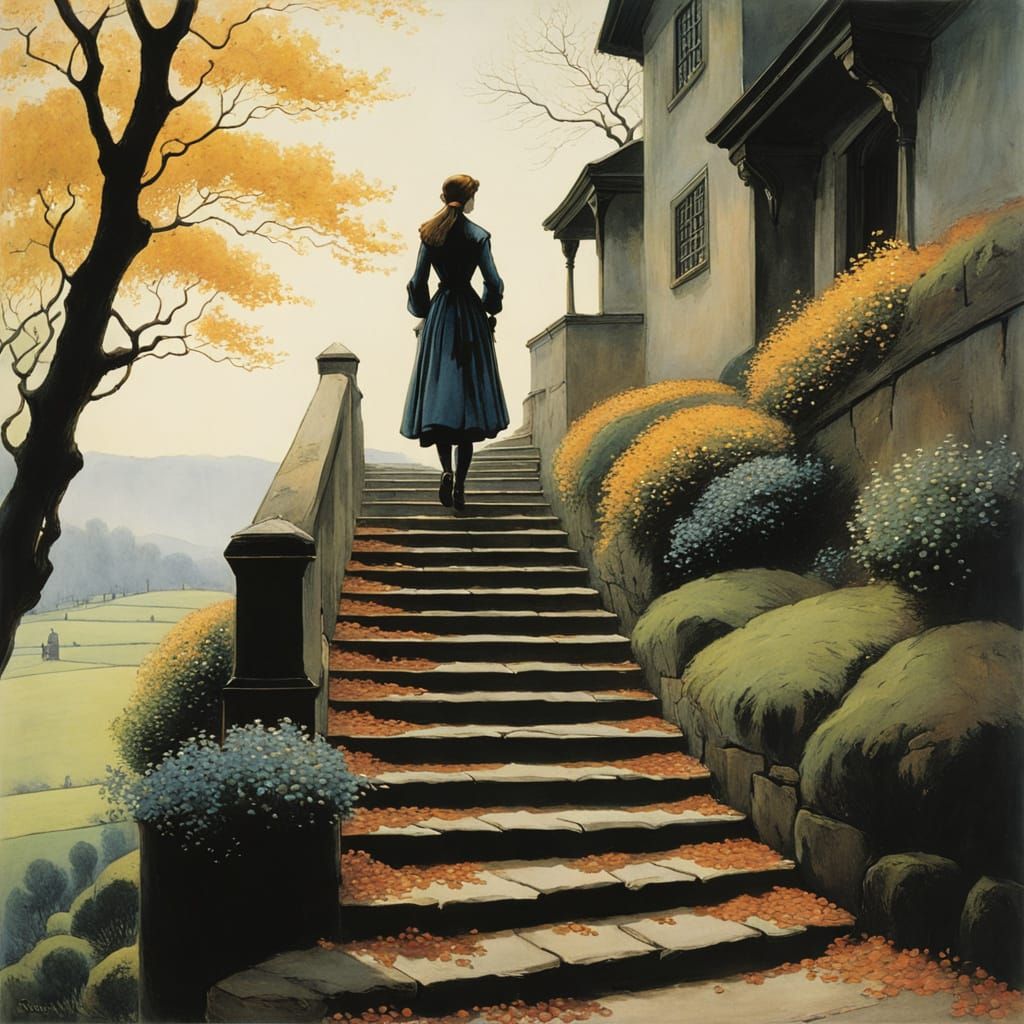 A Woman Climbs Stairs in Whimsical Warm Colors