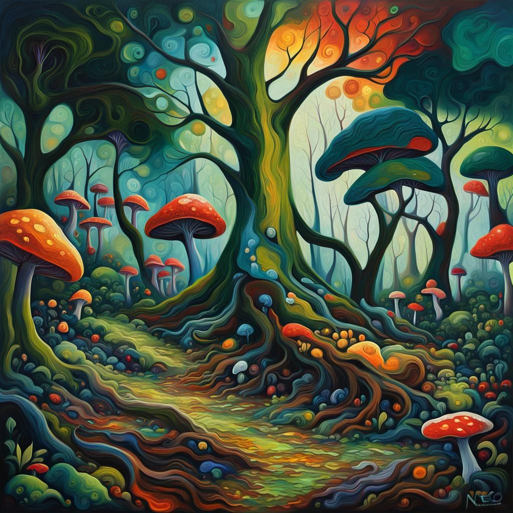 Abstract Mahogany Tree in Forest, Impasto Painting