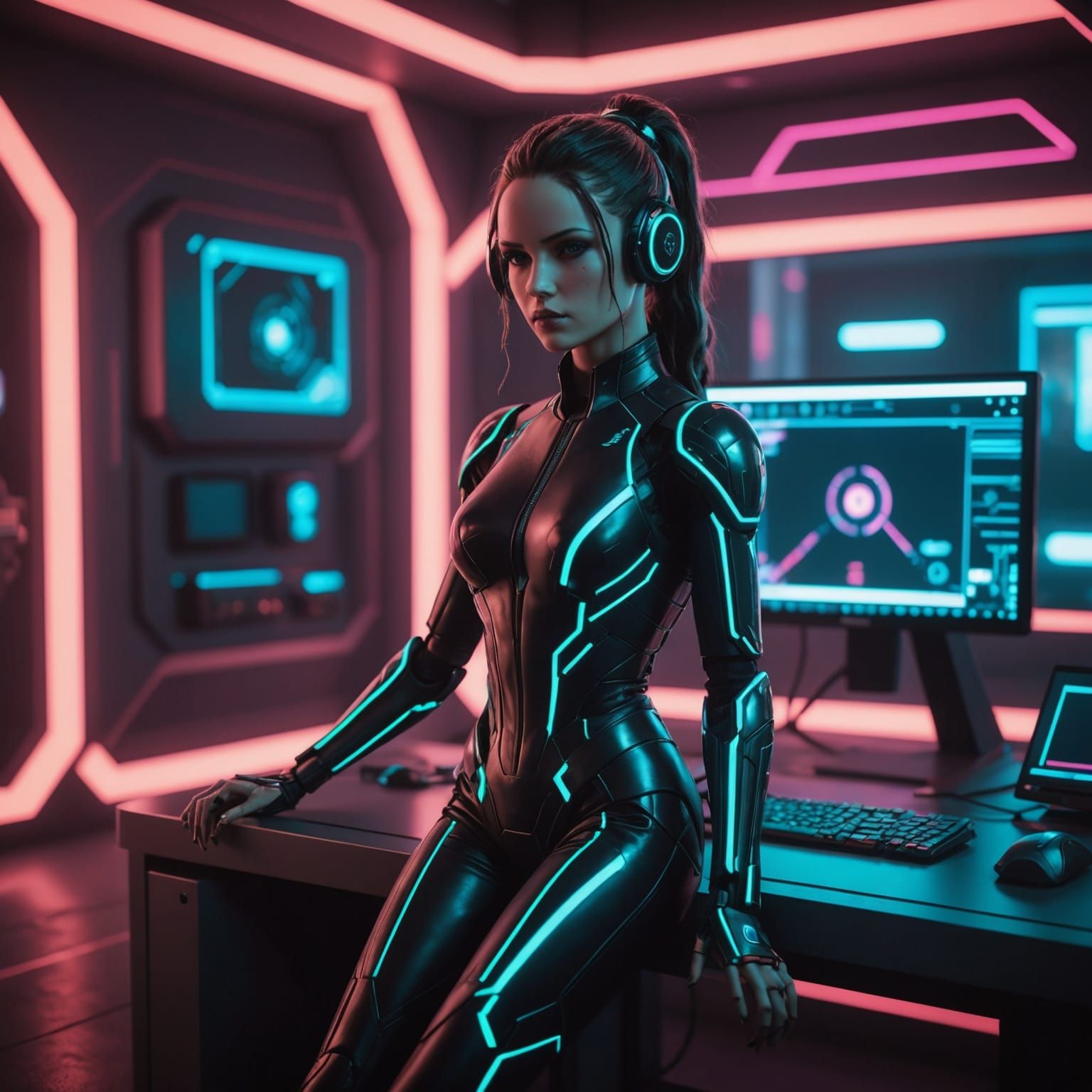 Cyberpunk Robot Doll Connected to Computer