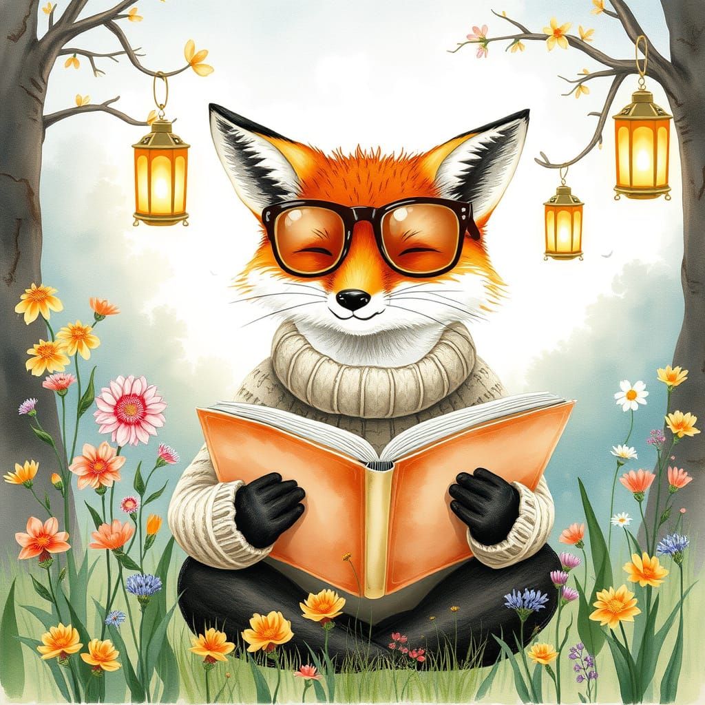 Fox Reading Book in Whimsical Watercolor Forest