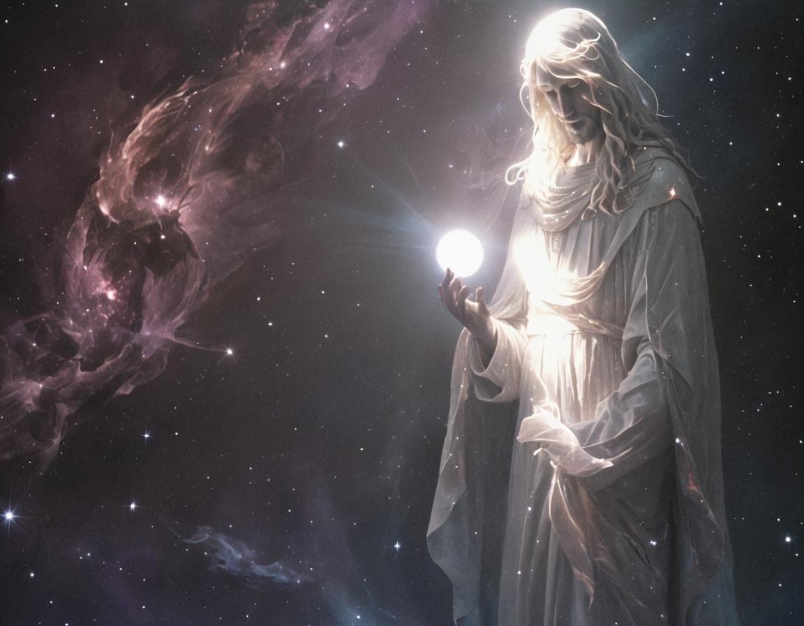 Luminous Christ Holding Space Bird in Outer Space
