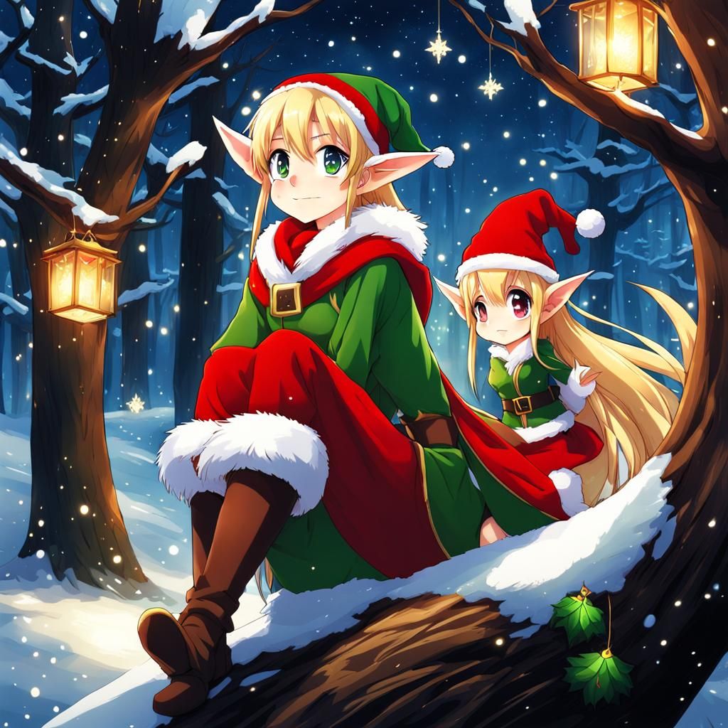 Cartoon Christmas Elf in Anime Style Forest
