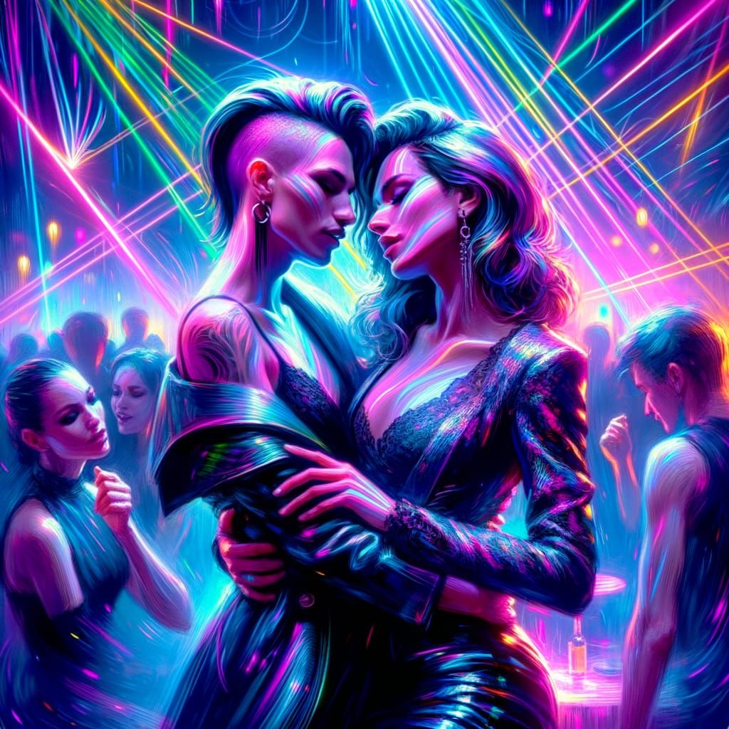 Women Share a Dance in Neon Nightclub Art