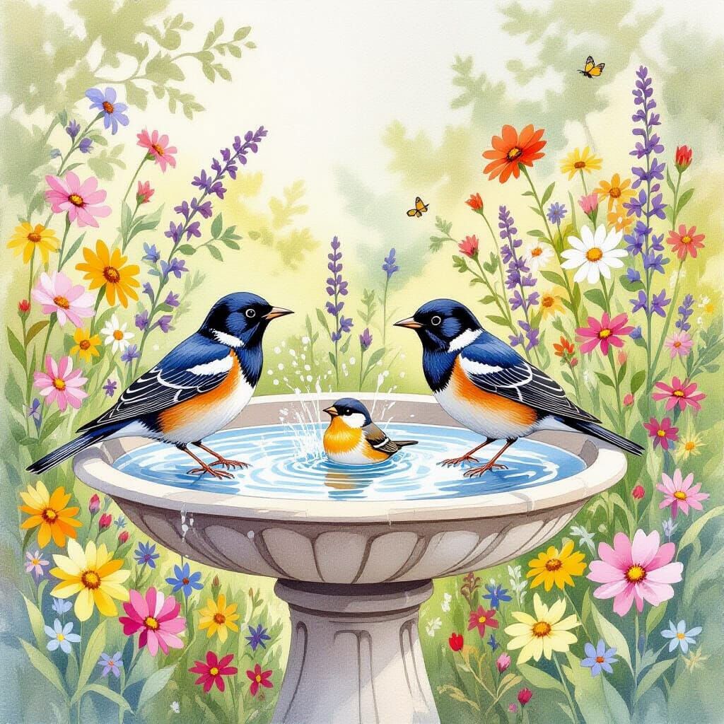 Starlings and Finches in Watercolor Birdbath