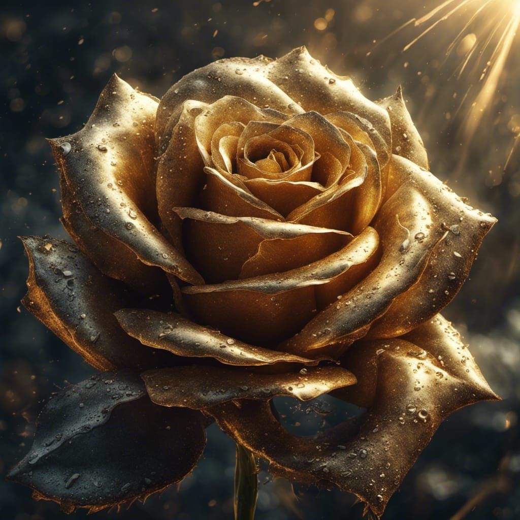 Epic Golden Rose with Morning Dew in Sunlight