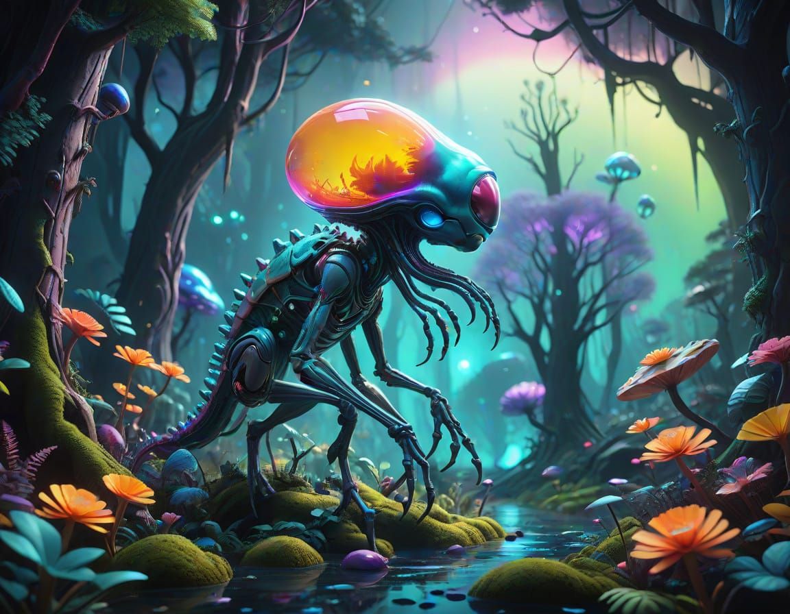Ethereal Creatures Roam Surreal Forest in Vibrant, Iridescen...