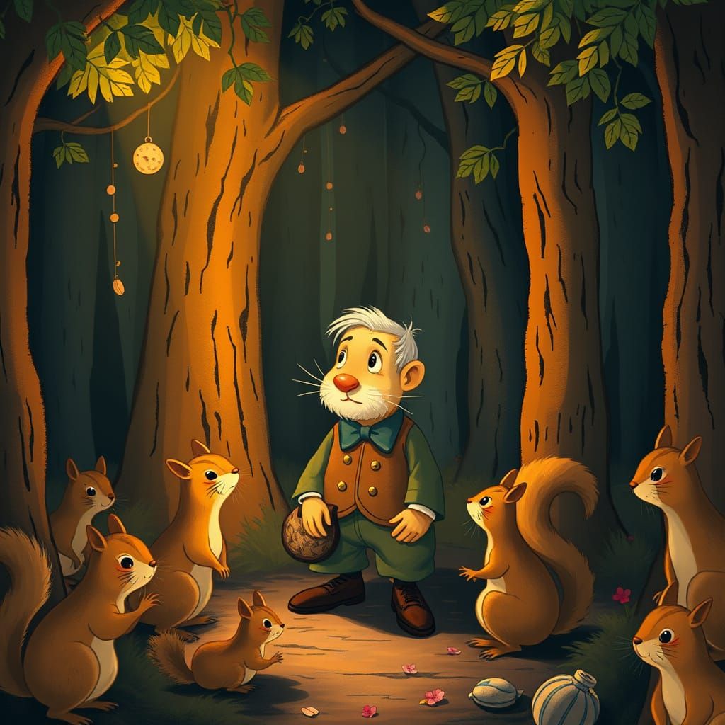 Mr. Jenkins and Squirrels in Forest, Whimsical Illustration
