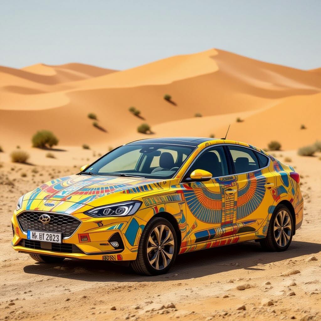 Egyptian Car with Ancient Motifs in Desert