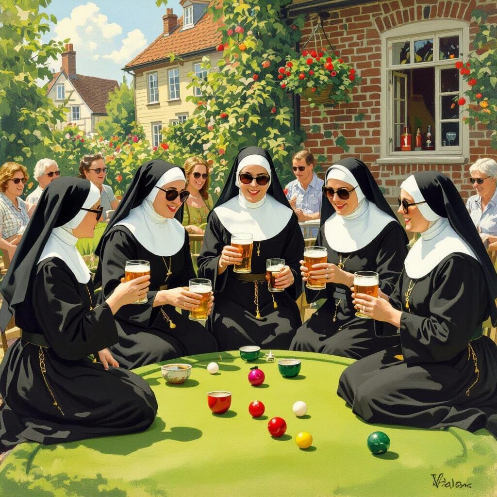 Nuns Bowling in Summer Sunlight, Whimsical Art