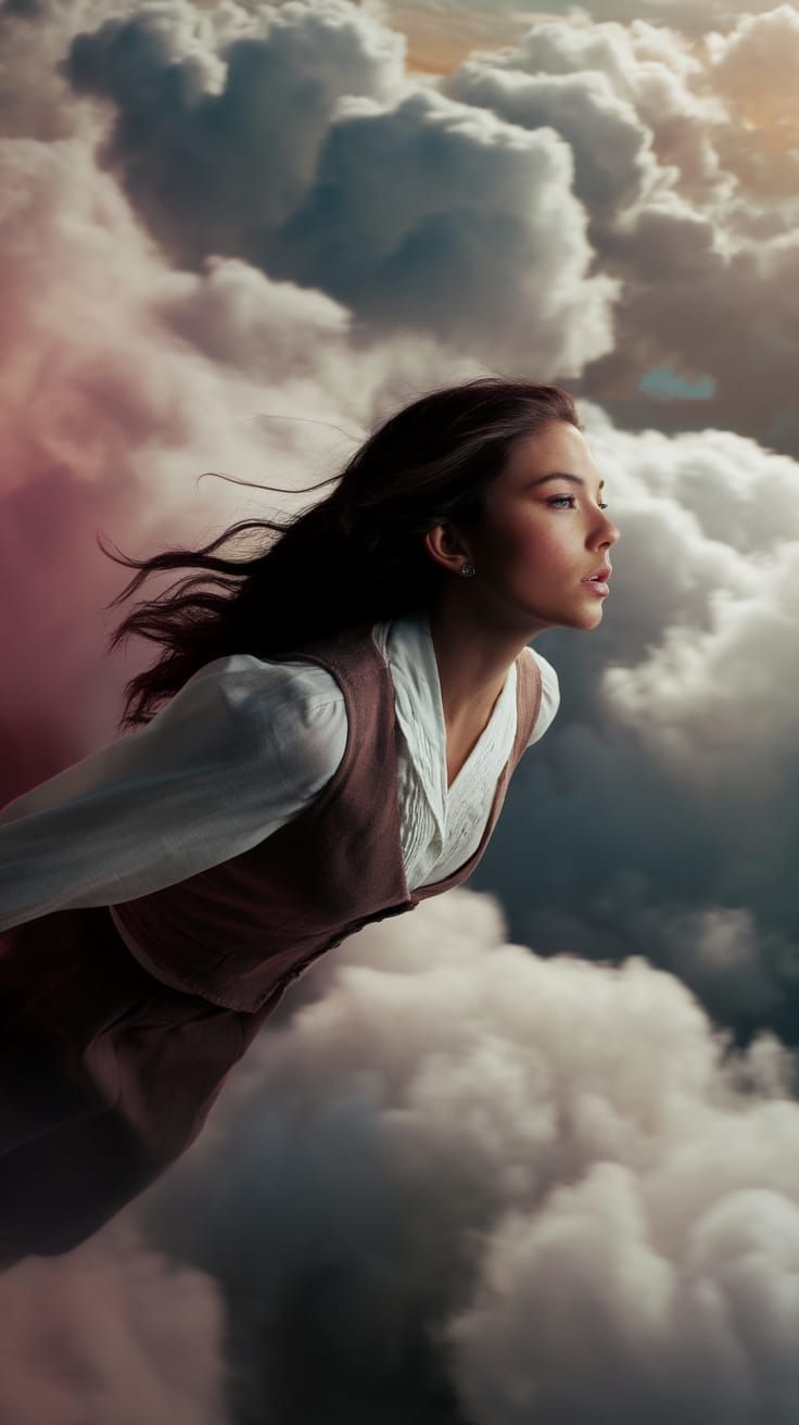 Woman Flies Through Foggy Sky in Dramatic Lighting