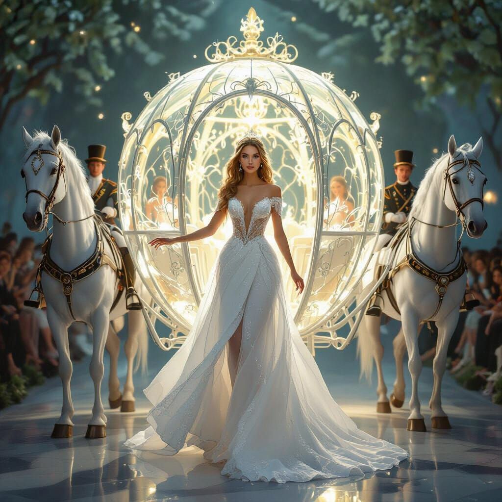 Ethereal Glass Dress Woman Beckons to Luminous Carriage