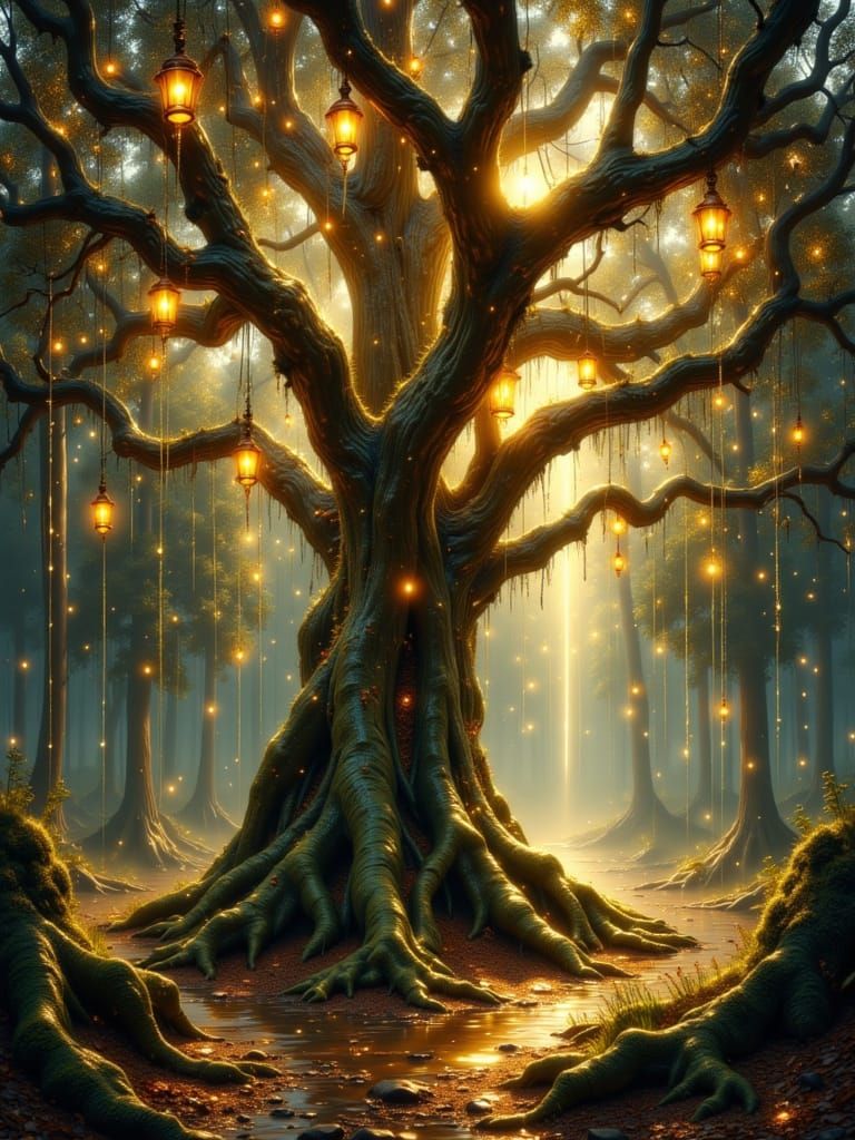 Ancient Tree with Glowing Lanterns in Magical Forest