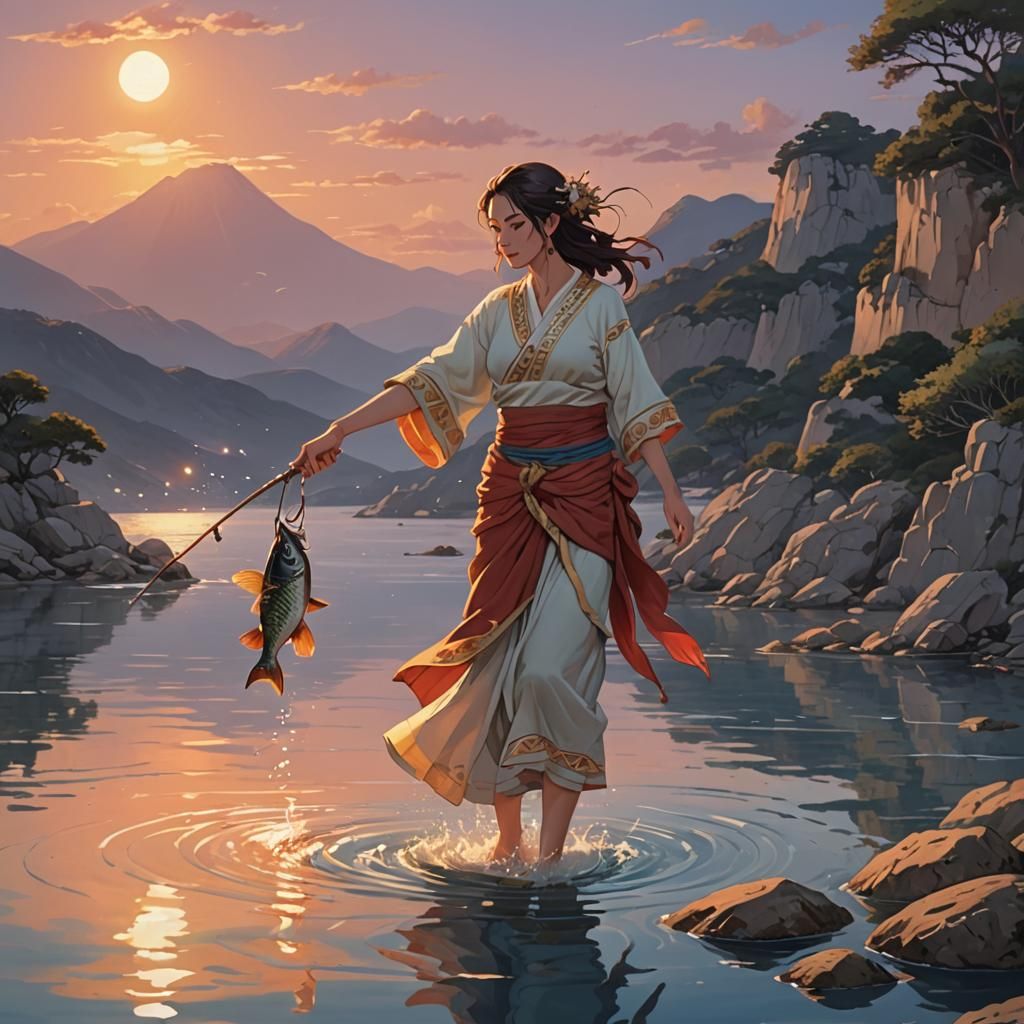 Anime Style Minoan Woman Fishing at Sunset