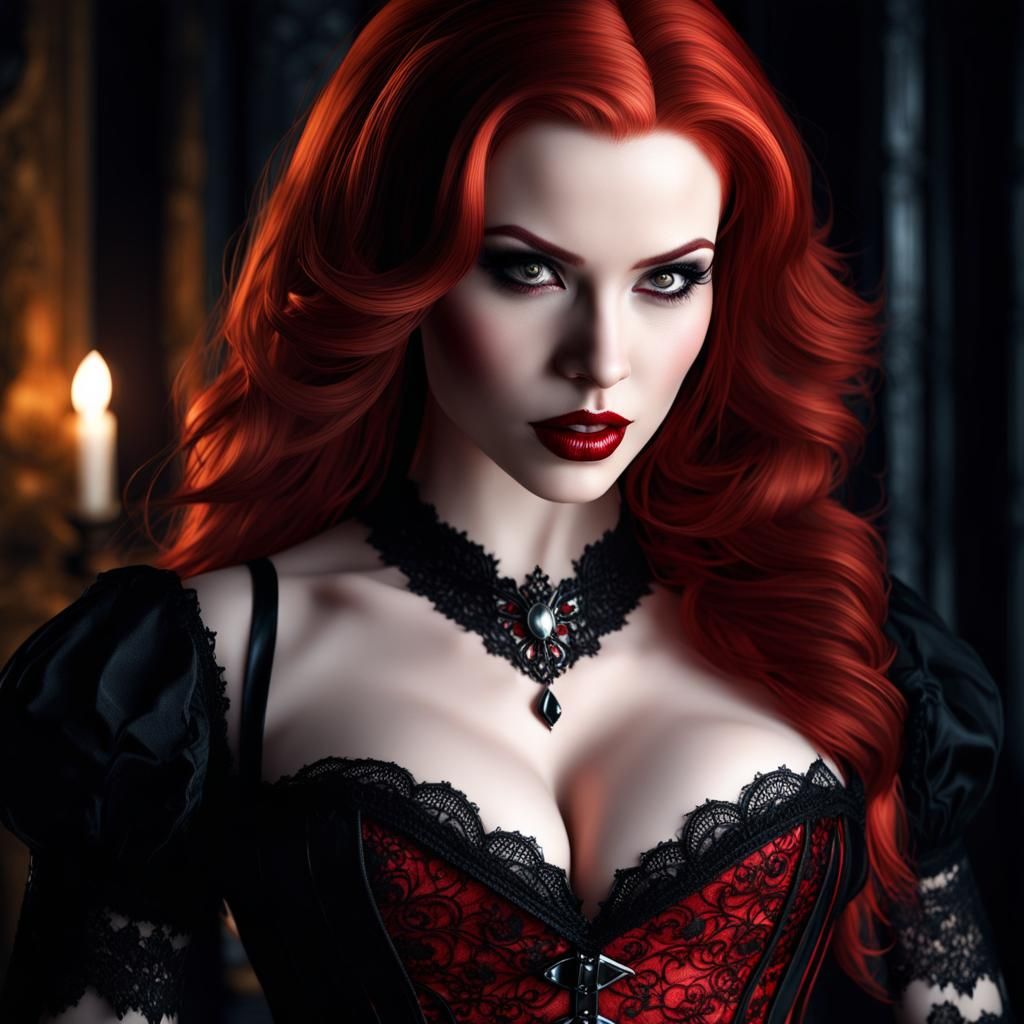 Beautiful Redhead Vampire in Gothic Photorealistic Style