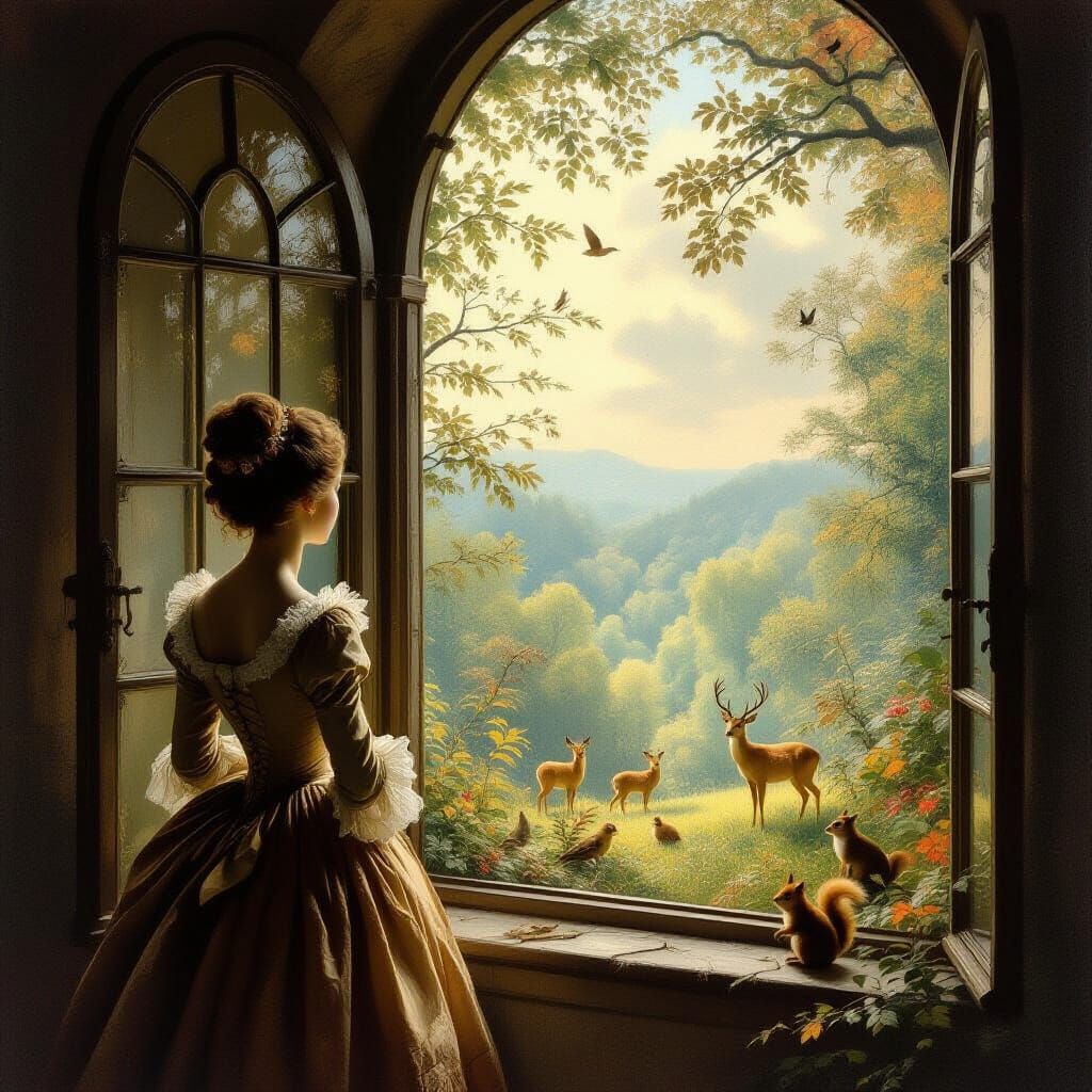 Woman Gazing at Forest in 18th-Century Style