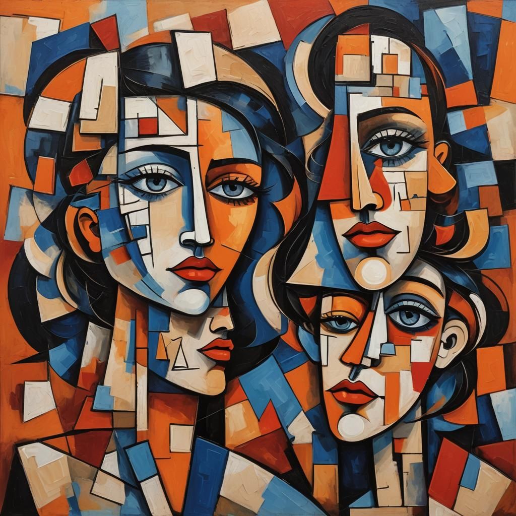 Cubist Painting of Fragmented Female Faces in Bold Colors