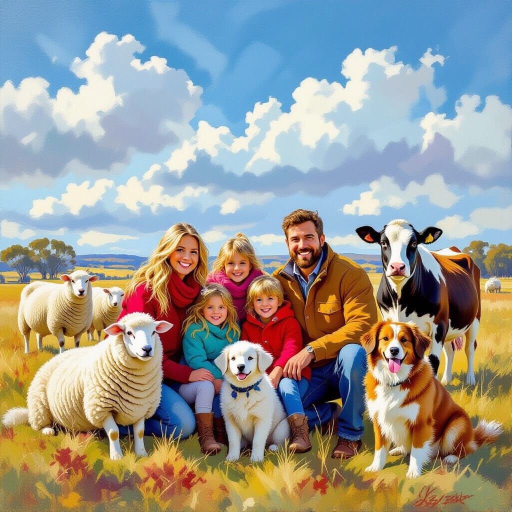 Happy Family on Australian Farm Stay Holiday Oil Painting