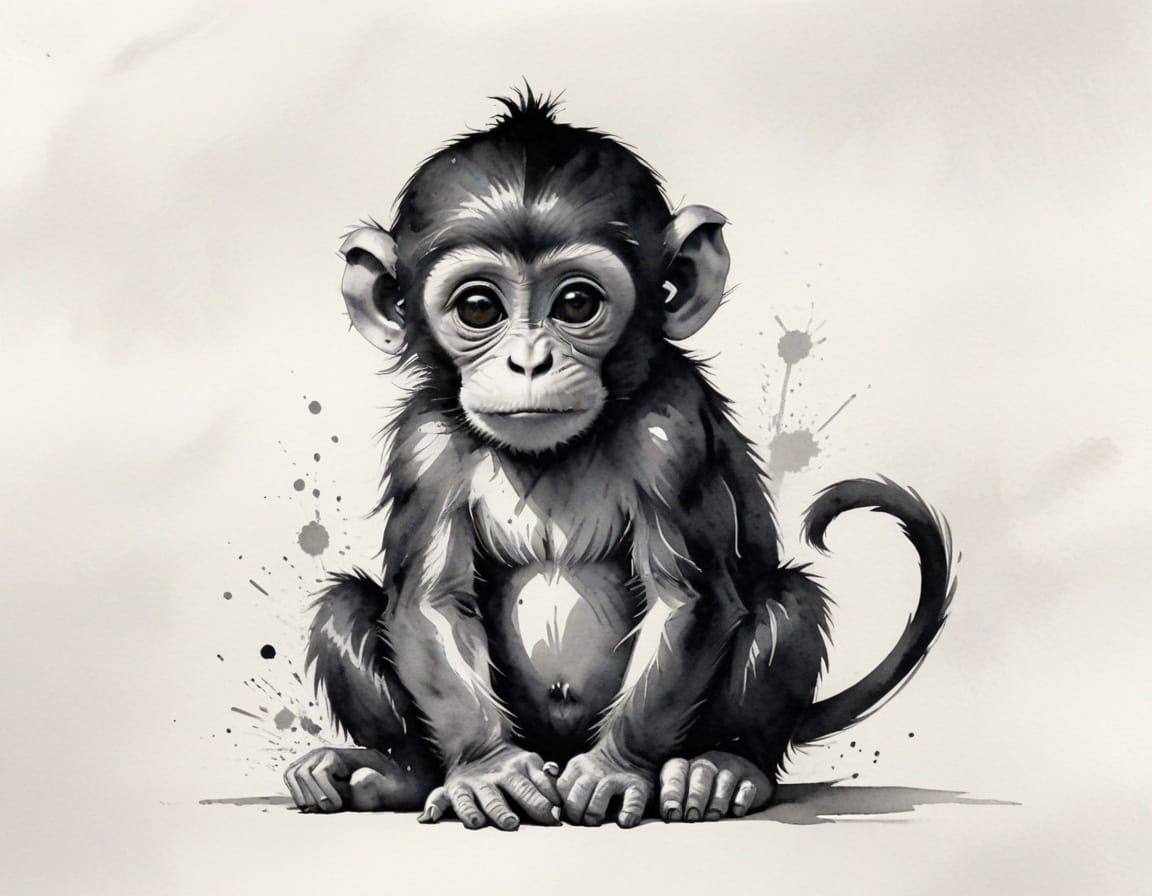 Minimalist Sumi-e Ink Drawing of a Baby Monkey