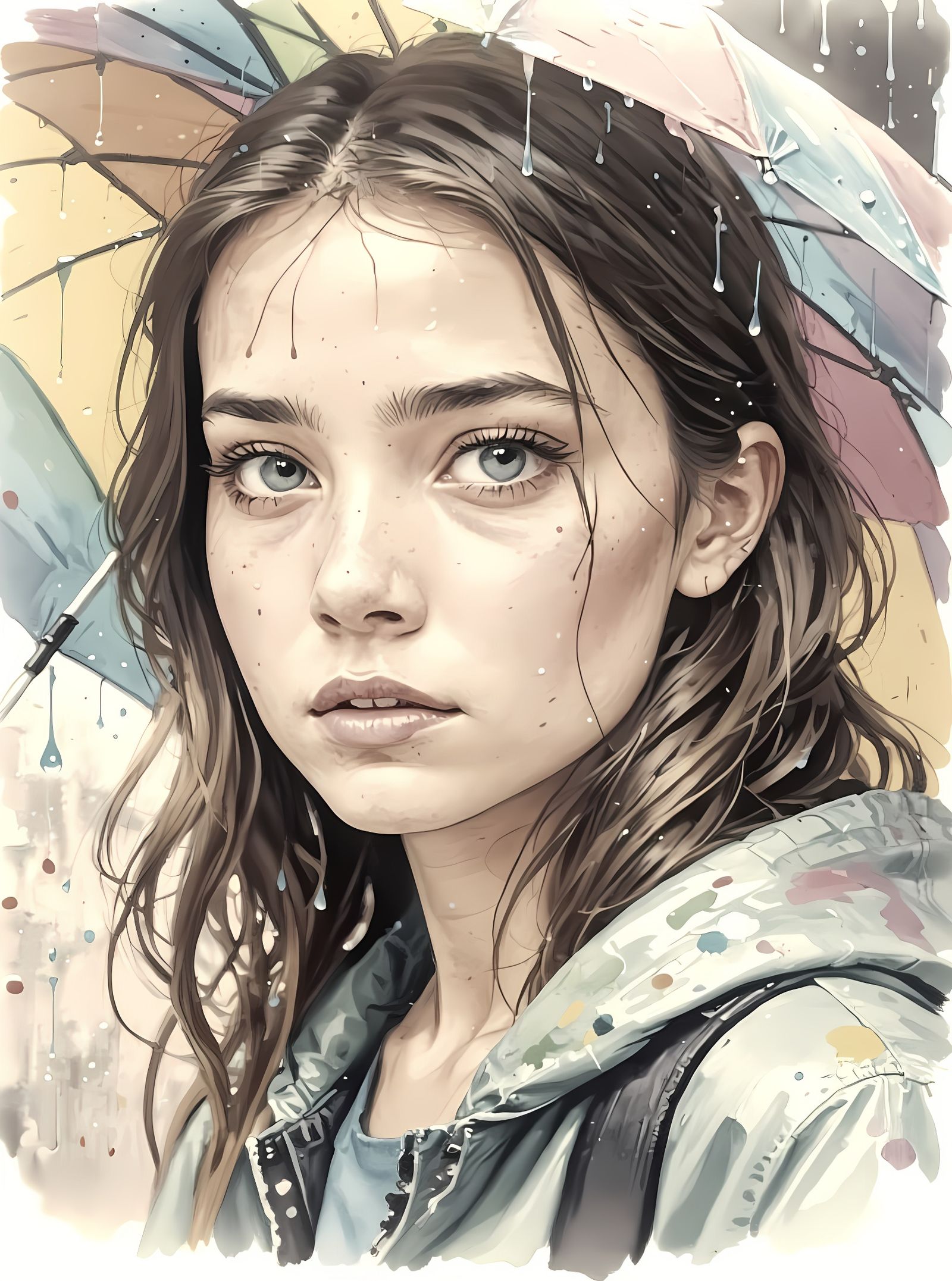 Cute Girl with Umbrella in Graffiti Art Style